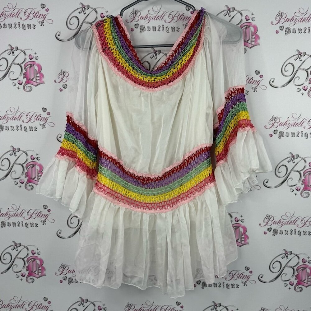 Top free blouse rainbow 🌈 multi color Colorful Crochet Trim White Blouse